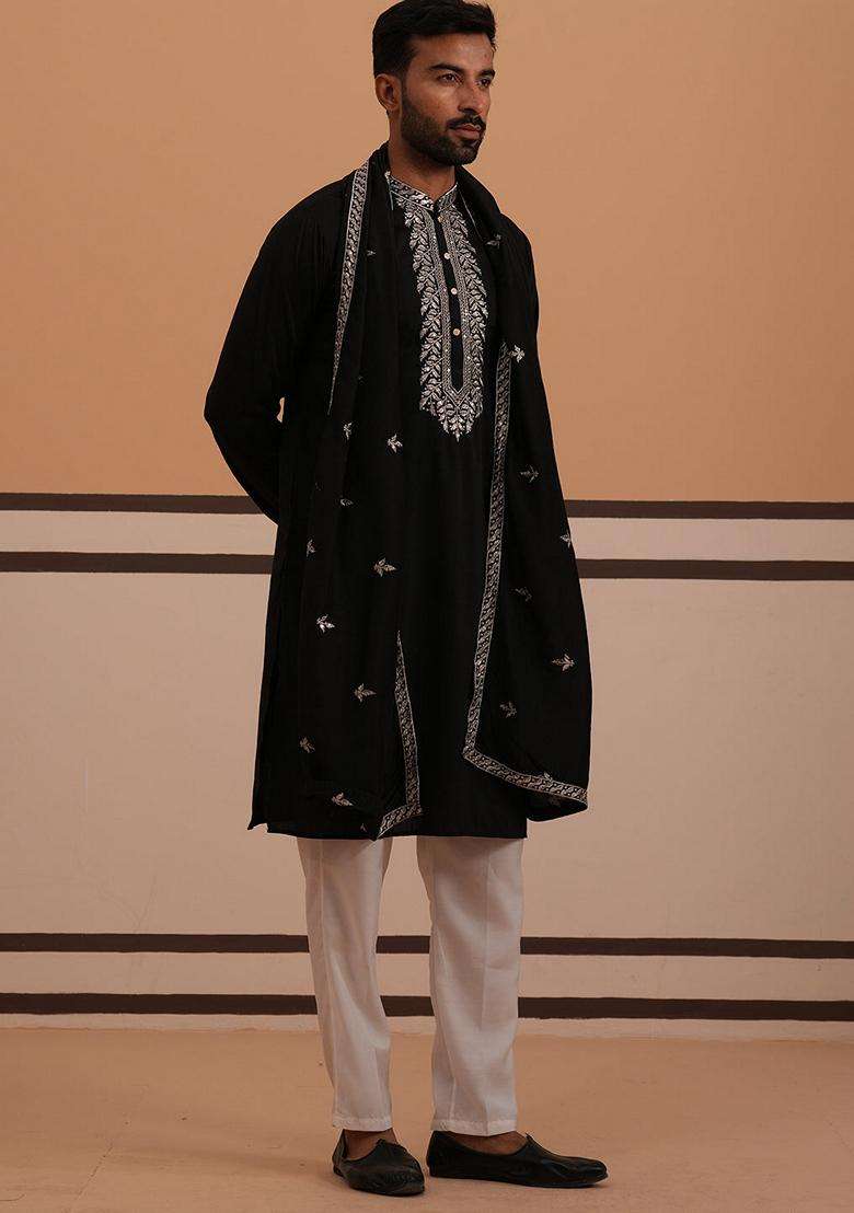 Black Embroidery Silk Blend Kurta Pyjama Set For Men - Indya