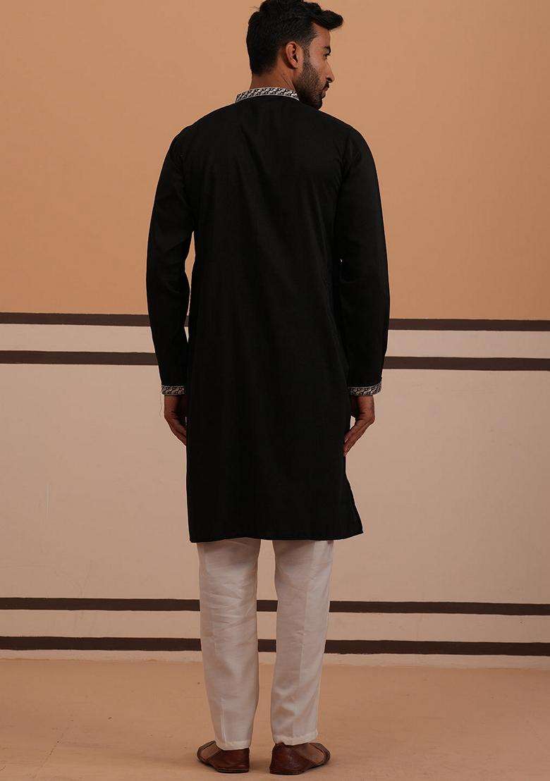Black Embroidery Silk Blend Kurta Pyjama Set For Men - Indya