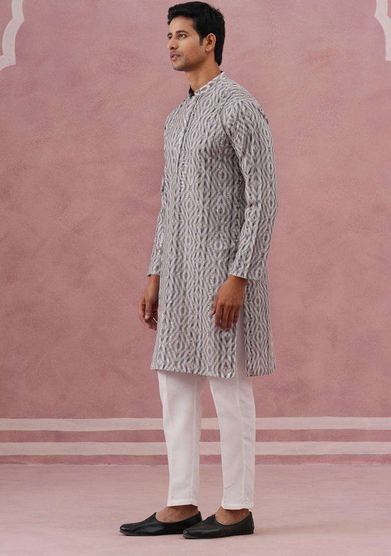 Grey Printed Silk Blend Kurta Pyjama Set For Men - Indya