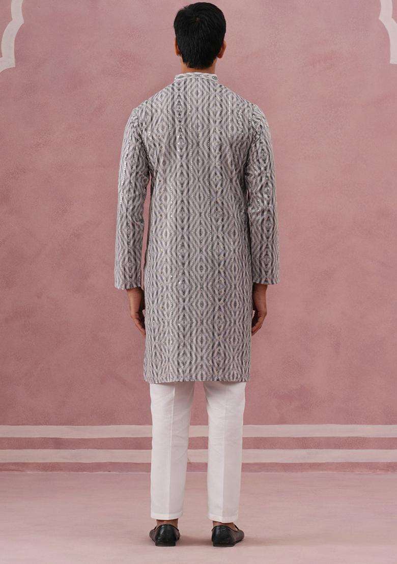 Grey Printed Silk Blend Kurta Pyjama Set For Men - Indya