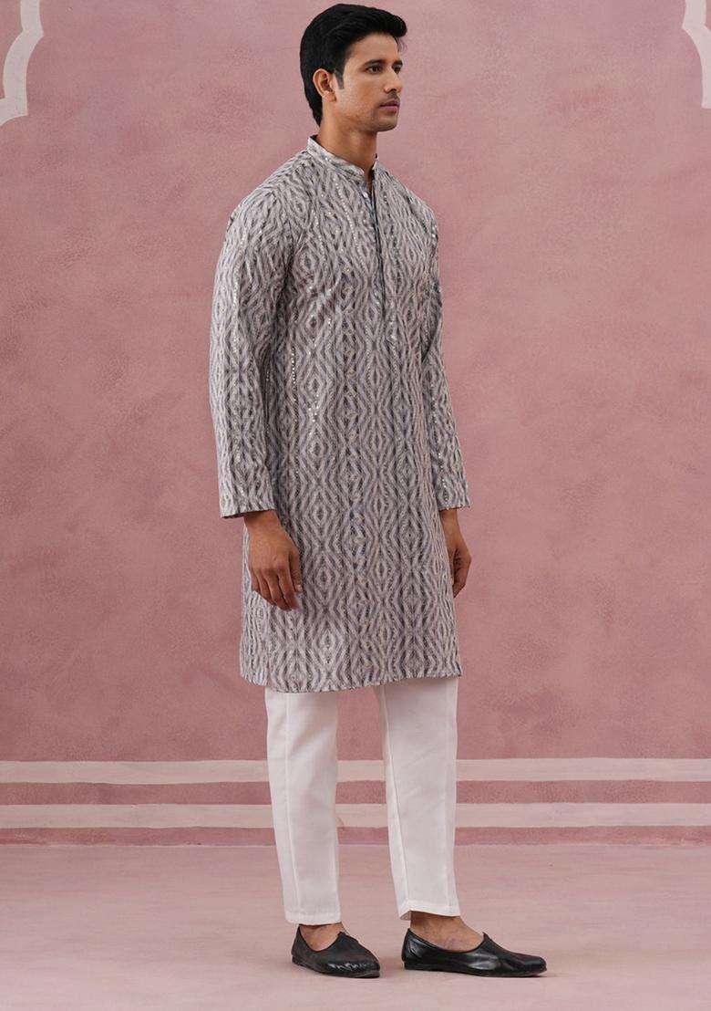Grey Printed Silk Blend Kurta Pyjama Set For Men - Indya