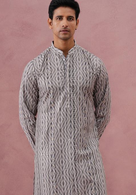 Grey Printed Silk Blend Kurta Pyjama Set For Men