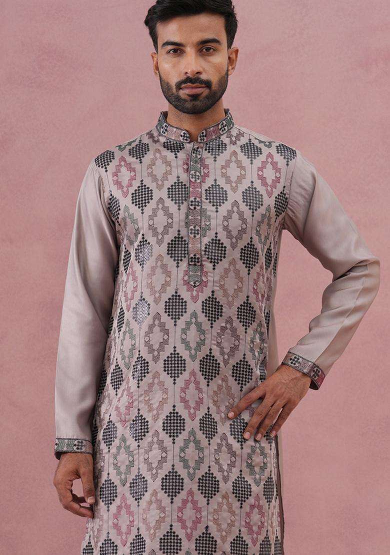 Grey Embroidery Silk Blend Kurta Pyjama Set For Men - Indya