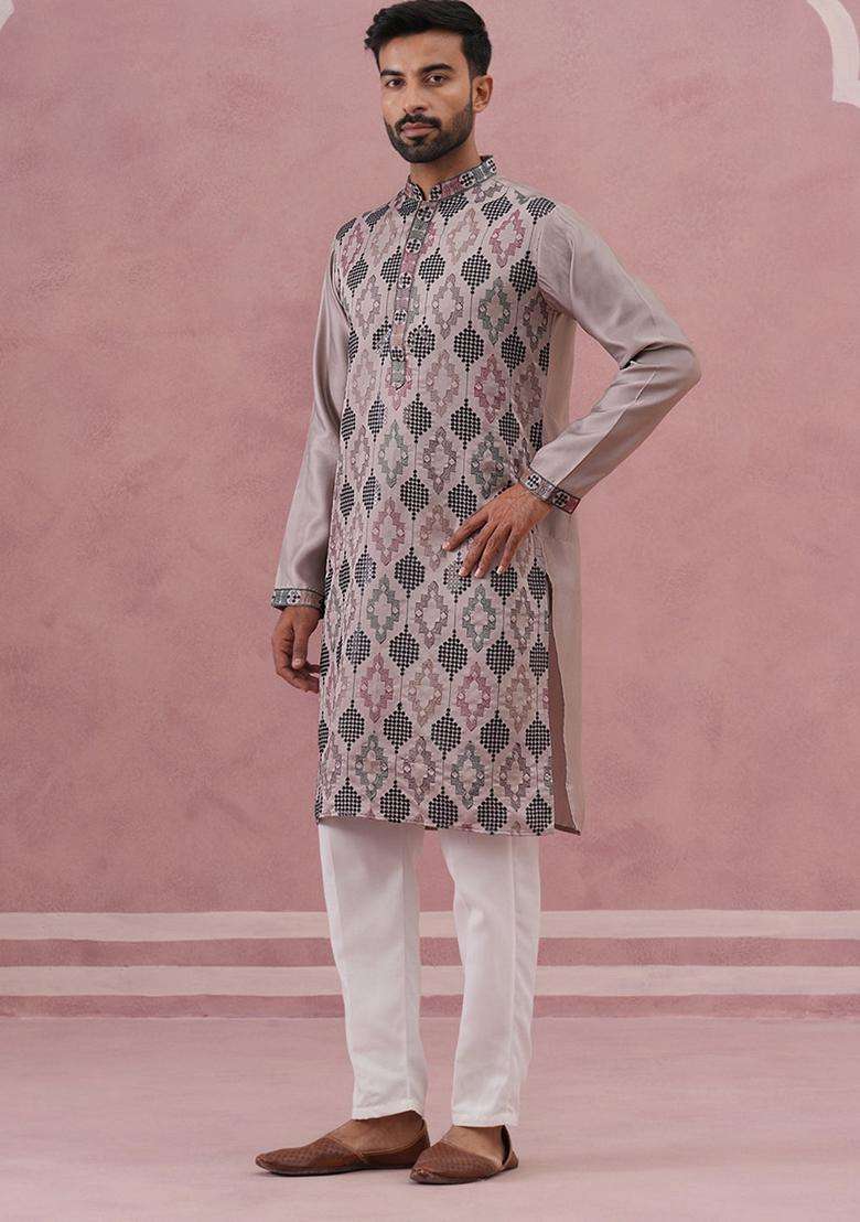 Grey Embroidery Silk Blend Kurta Pyjama Set For Men - Indya