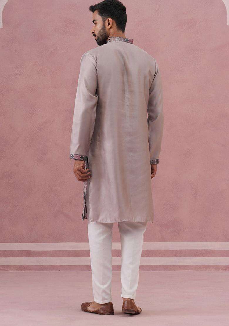 Grey Embroidery Silk Blend Kurta Pyjama Set For Men - Indya