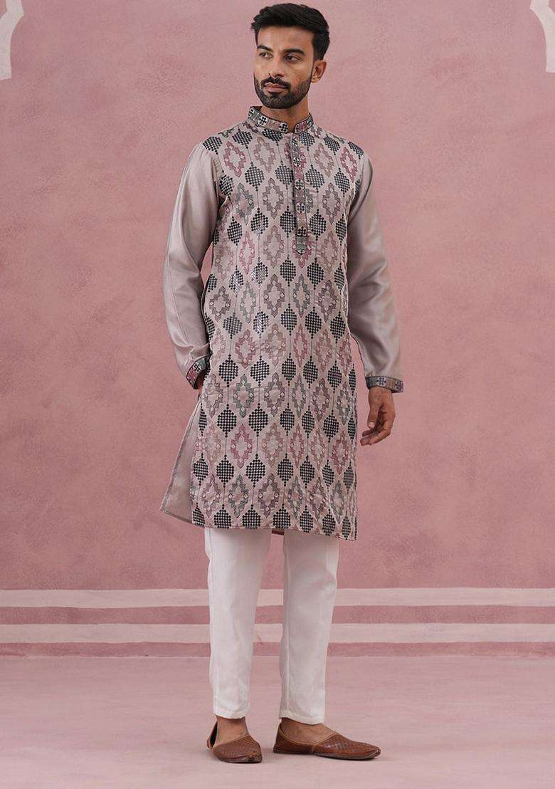 Grey Embroidery Silk Blend Kurta Pyjama Set For Men - Indya