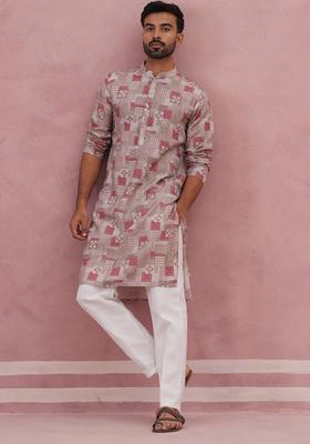 Brown Printed Silk Kurta Pyjama Set For Men