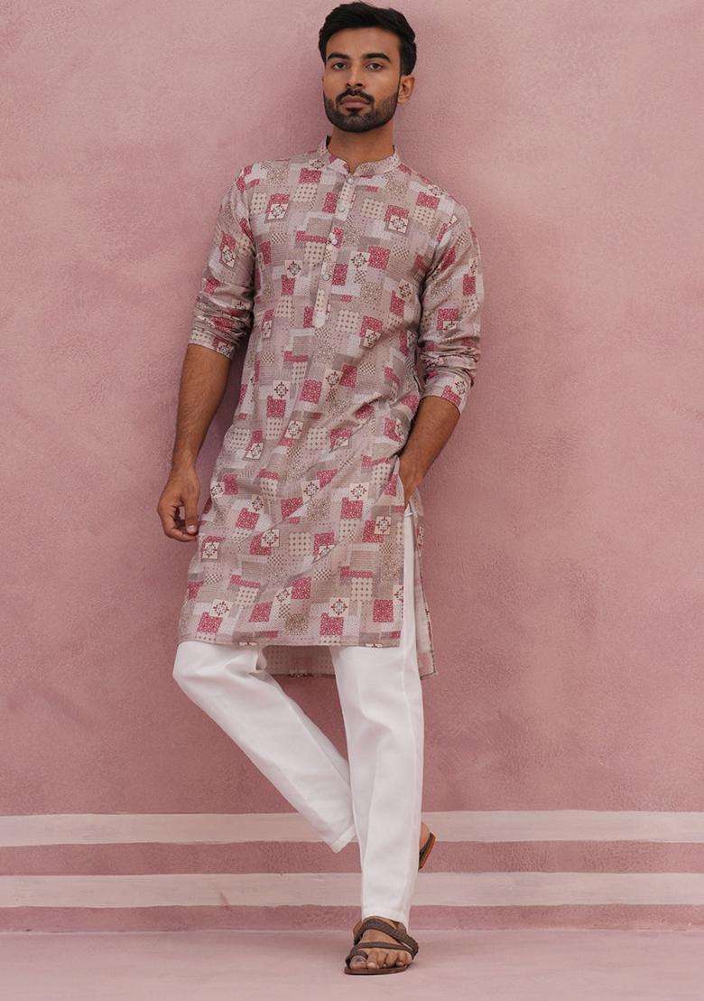 Brown Printed Silk Blend Kurta Pyjama Set For Men - Indya