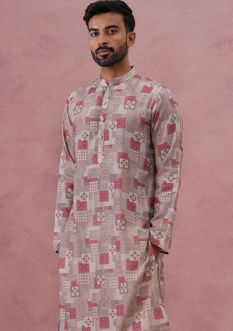 Brown Printed Silk Blend Kurta Pyjama Set For Men - Indya