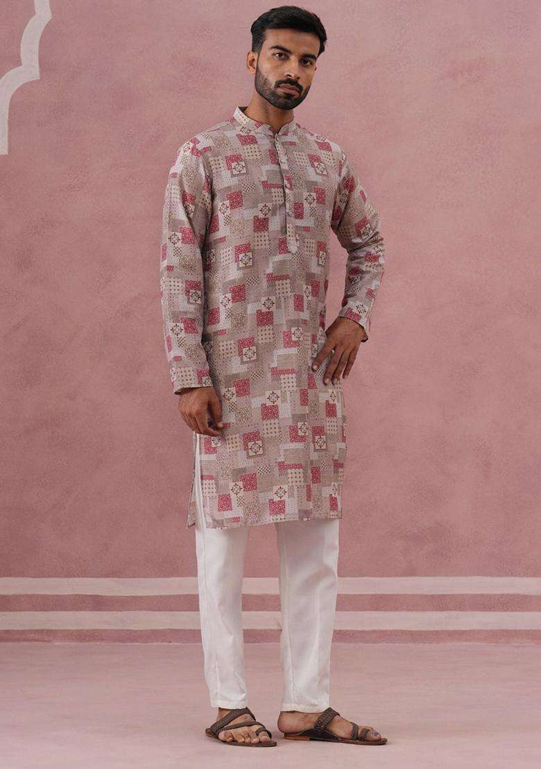 Brown Printed Silk Blend Kurta Pyjama Set For Men - Indya