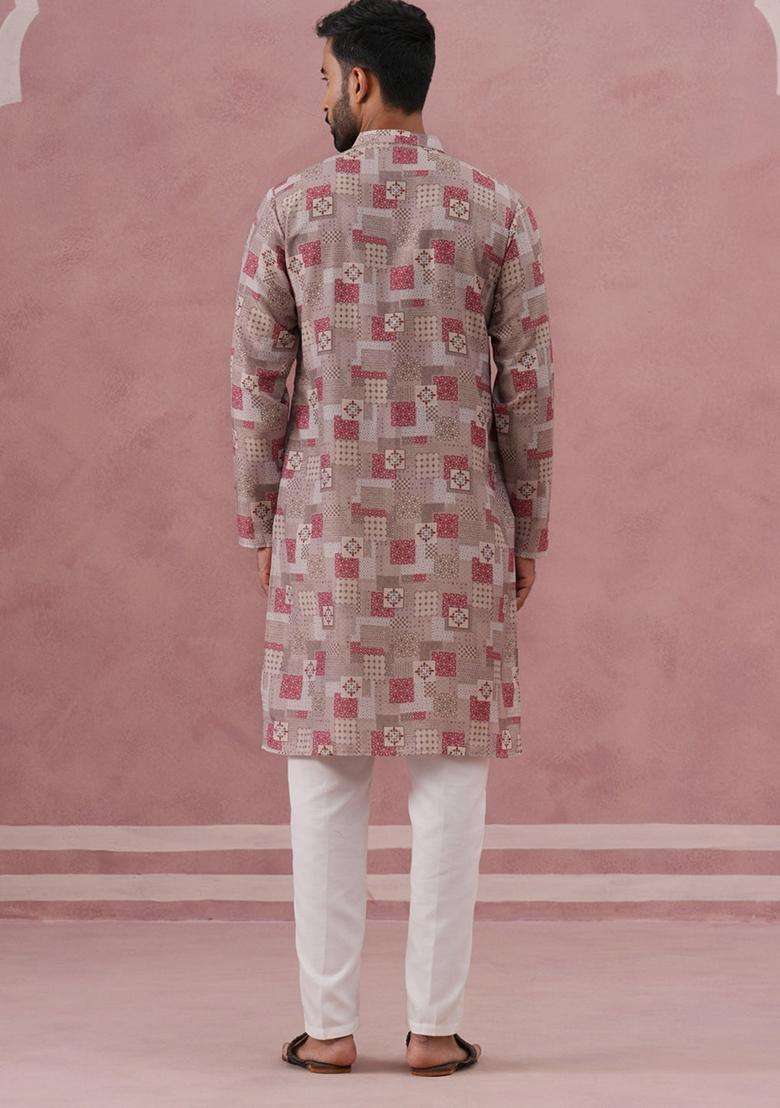 Brown Printed Silk Blend Kurta Pyjama Set For Men - Indya