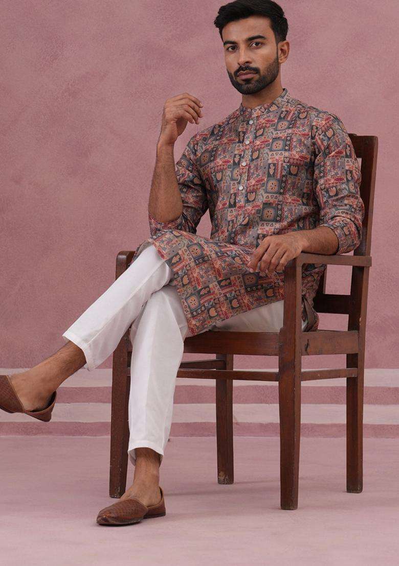 Grey Printed Silk Blend Kurta Pyjama Set For Men - Indya