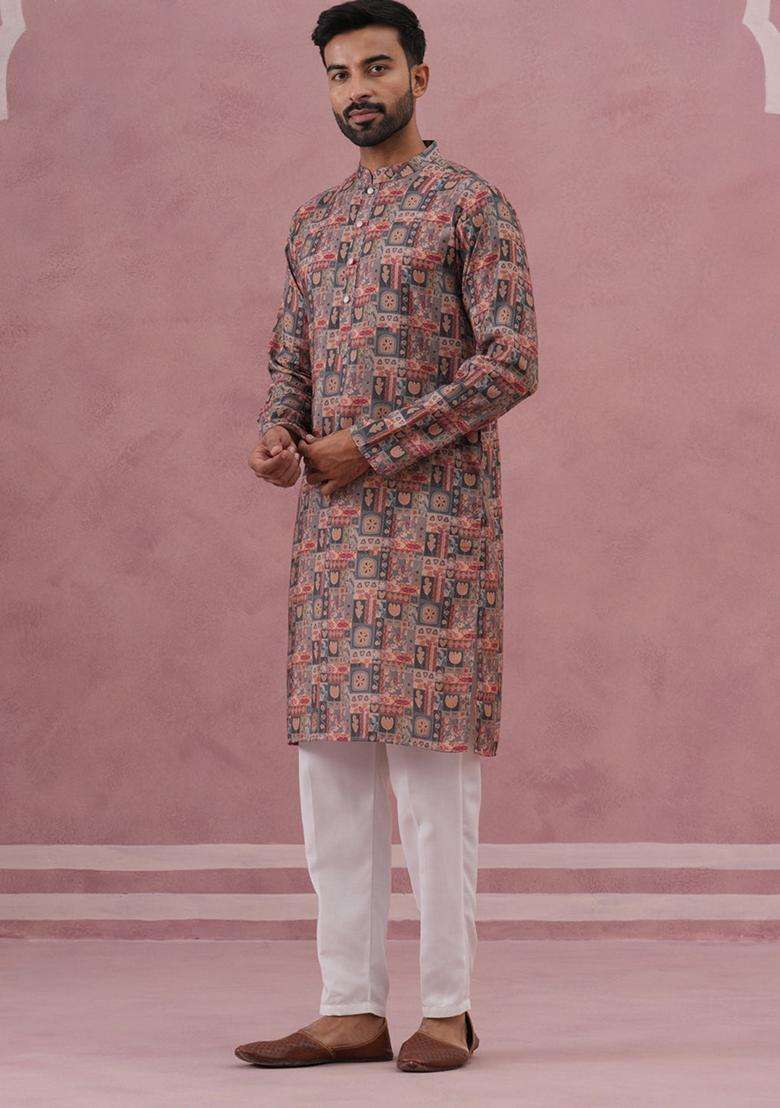 Grey Printed Silk Blend Kurta Pyjama Set For Men - Indya