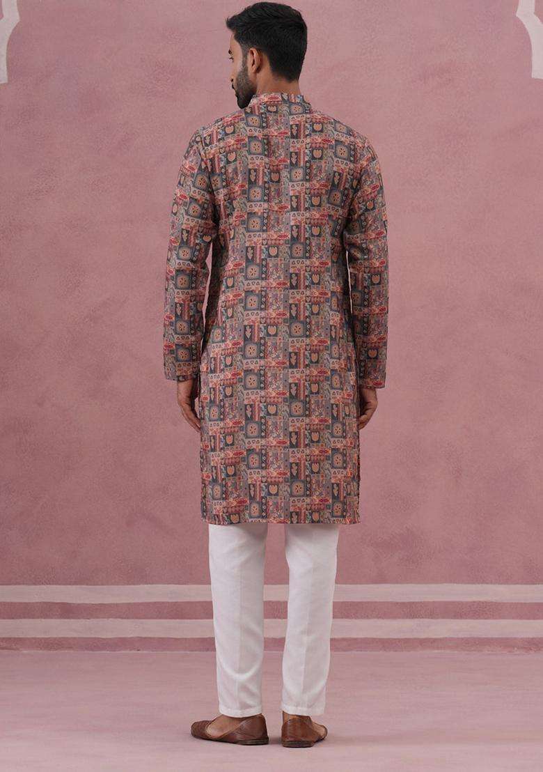Grey Printed Silk Blend Kurta Pyjama Set For Men - Indya