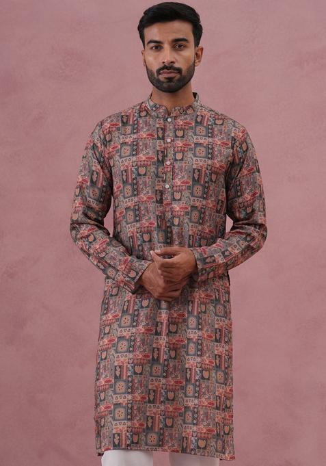 Grey Printed Silk Kurta Pyjama Set For Men