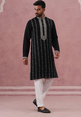 Black Embroidery Silk Kurta Pyjama Set For Men
