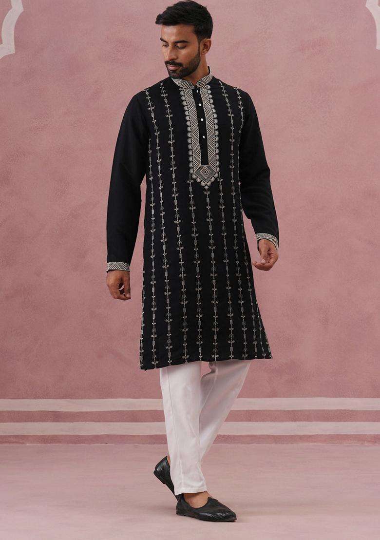 Black Embroidery Silk Blend Kurta Pyjama Set For Men - Indya