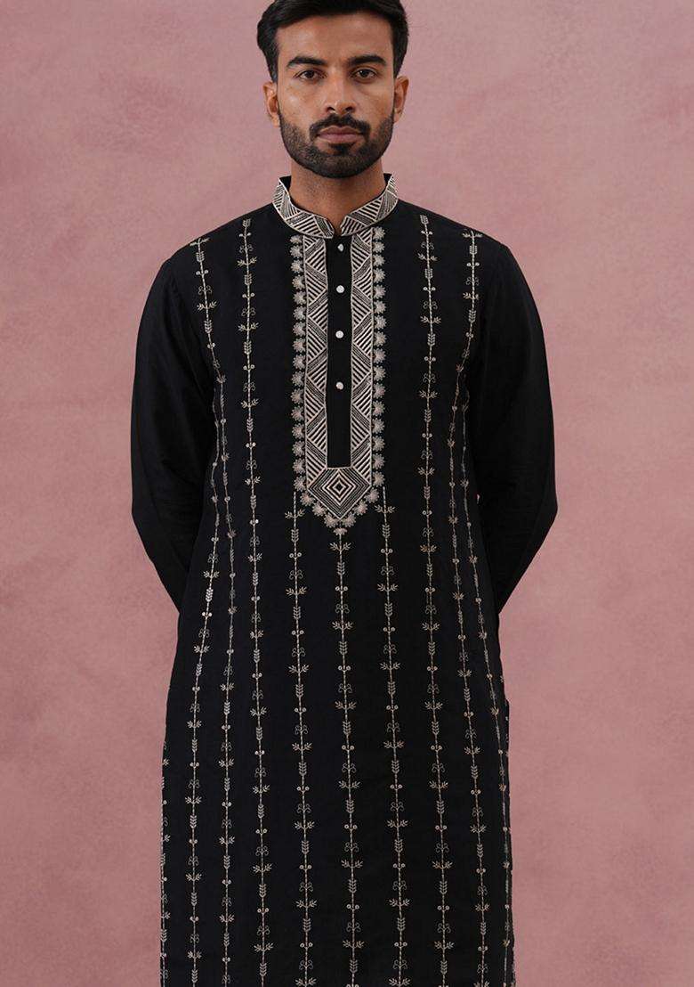 Black Embroidery Silk Blend Kurta Pyjama Set For Men - Indya