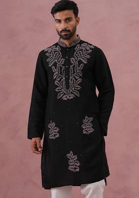 Black Embroidery Silk Kurta Pyjama Set For Men