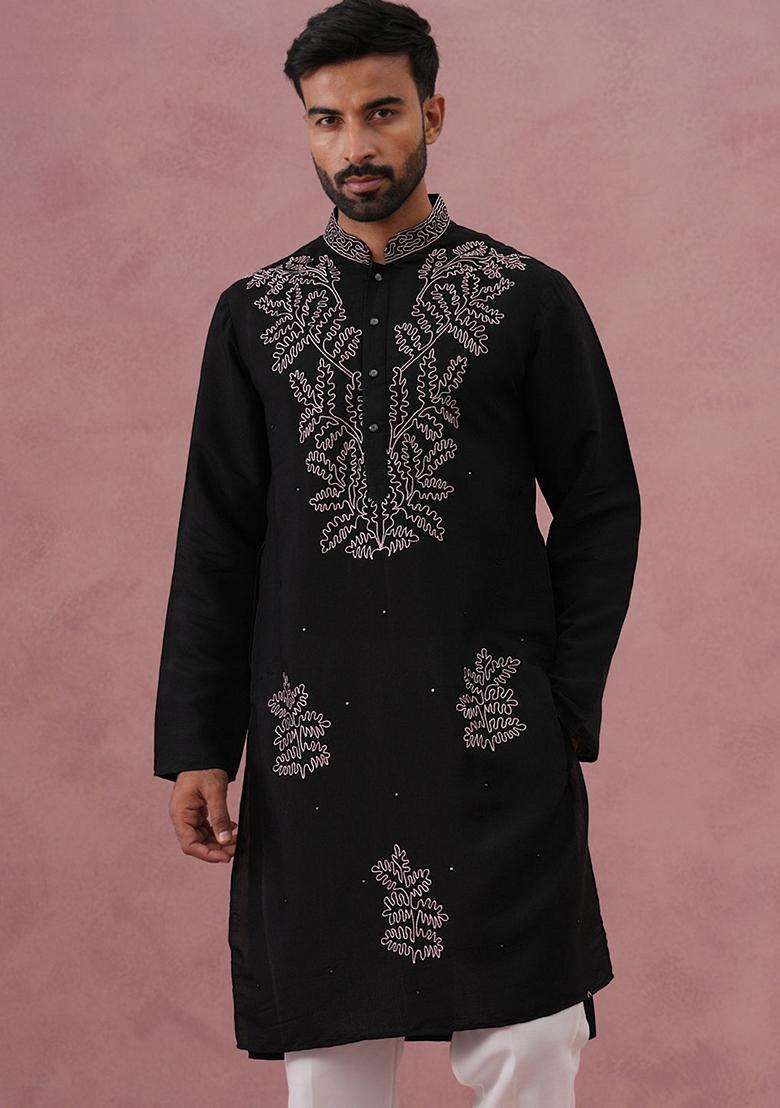 Black Embroidery Silk Blend Kurta Pyjama Set For Men - Indya