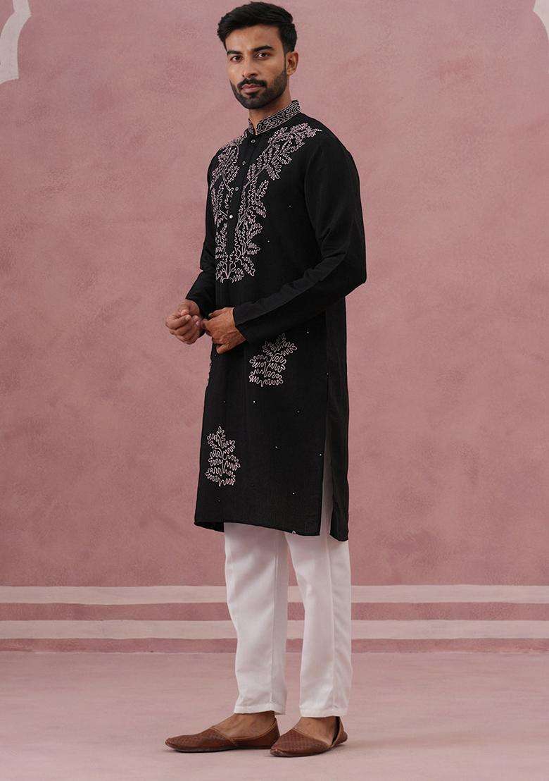 Black Embroidery Silk Blend Kurta Pyjama Set For Men - Indya