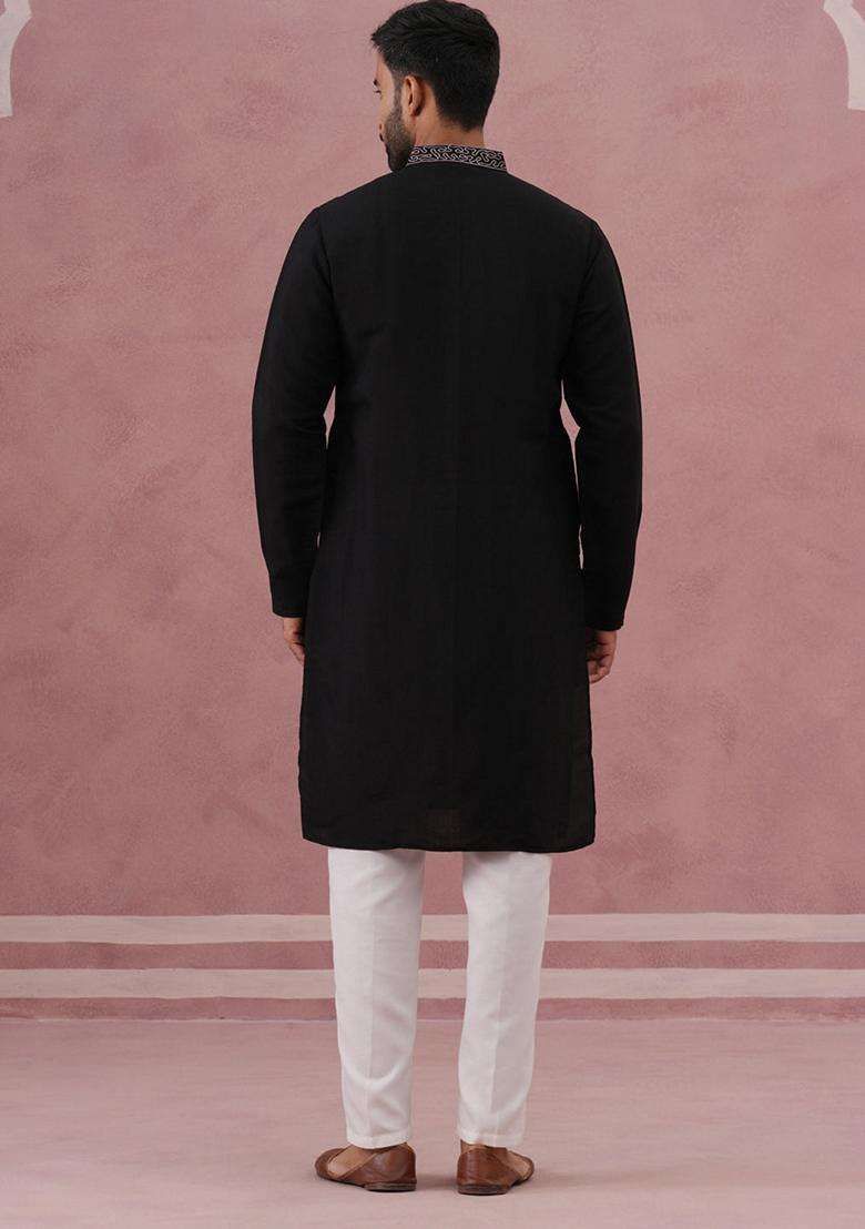 Black Embroidery Silk Blend Kurta Pyjama Set For Men - Indya