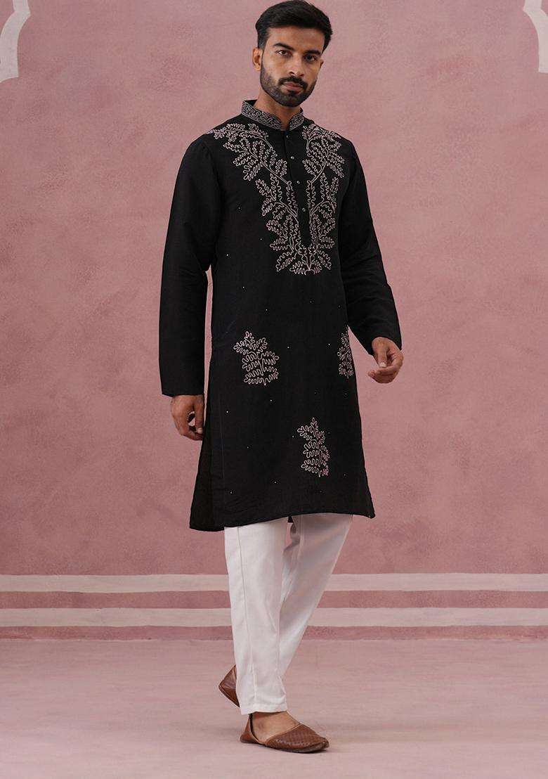 Black Embroidery Silk Blend Kurta Pyjama Set For Men - Indya