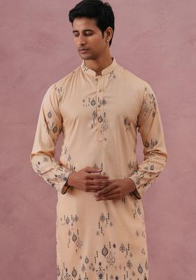Beige Printed Silk Kurta Pyjama Set For Men