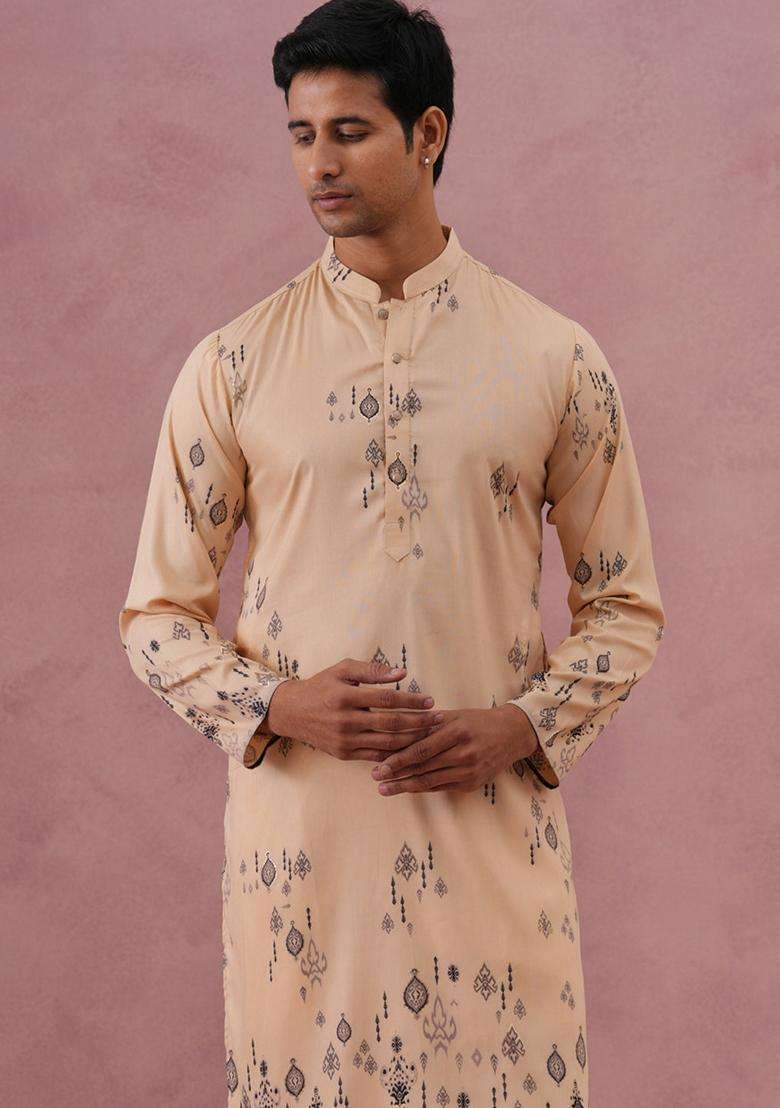 Beige Printed Silk Blend Kurta Pyjama Set For Men - Indya