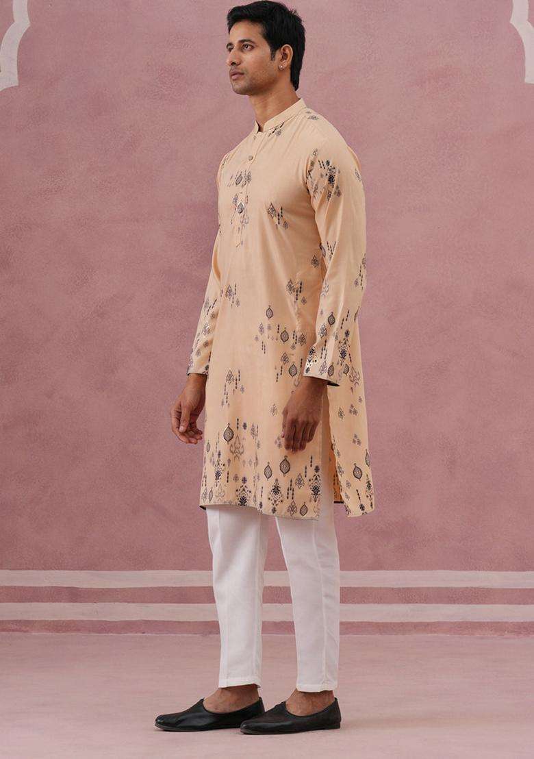 Beige Printed Silk Blend Kurta Pyjama Set For Men - Indya
