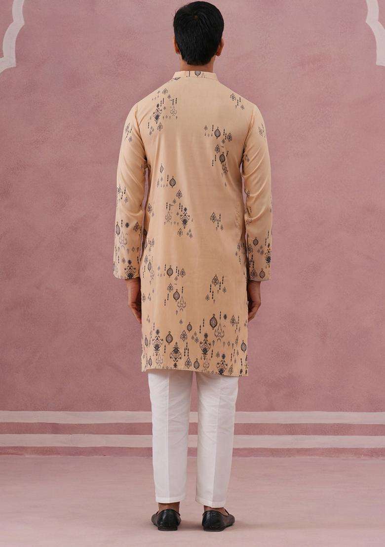 Beige Printed Silk Blend Kurta Pyjama Set For Men - Indya