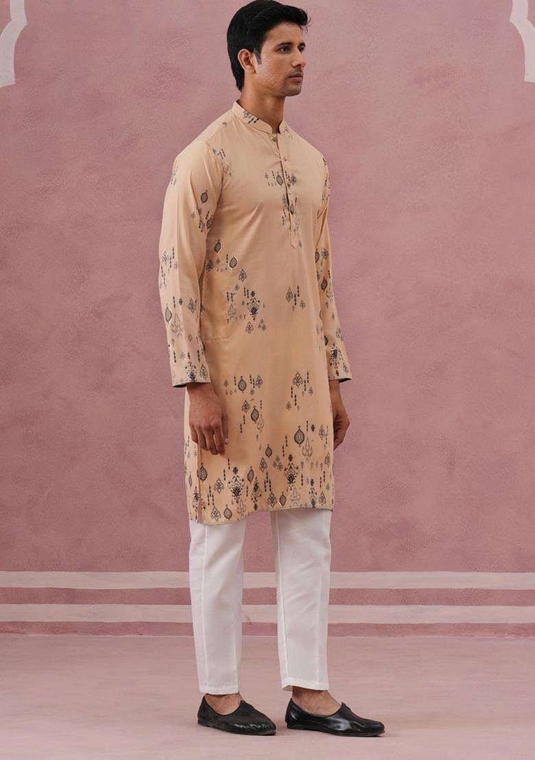 Beige Printed Silk Blend Kurta Pyjama Set For Men - Indya