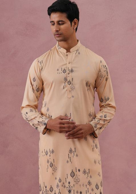 Beige Printed Silk Blend Kurta Pyjama Set For Men
