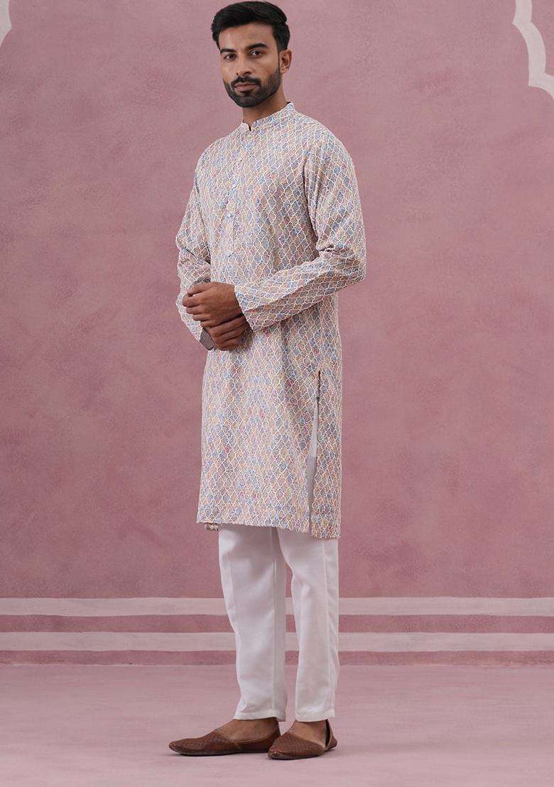 Multicolor Embroidery Silk Blend Kurta Pyjama Set For Men - Indya