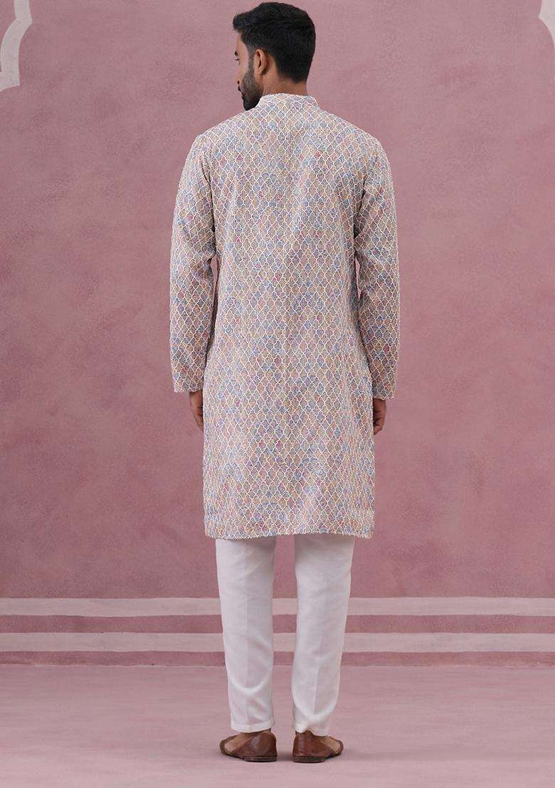 Multicolor Embroidery Silk Blend Kurta Pyjama Set For Men - Indya