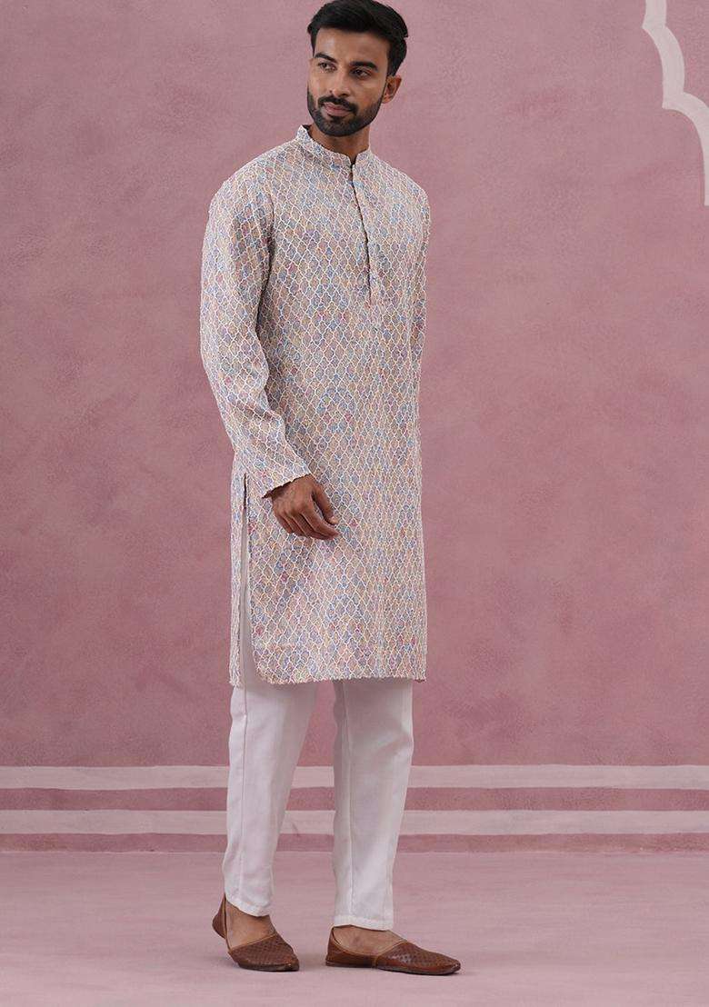 Multicolor Embroidery Silk Blend Kurta Pyjama Set For Men - Indya