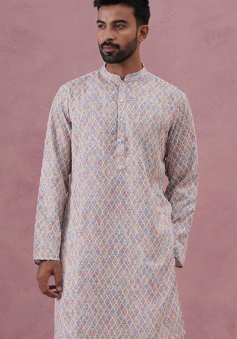 Multicolor Embroidery Silk Blend Kurta Pyjama Set For Men