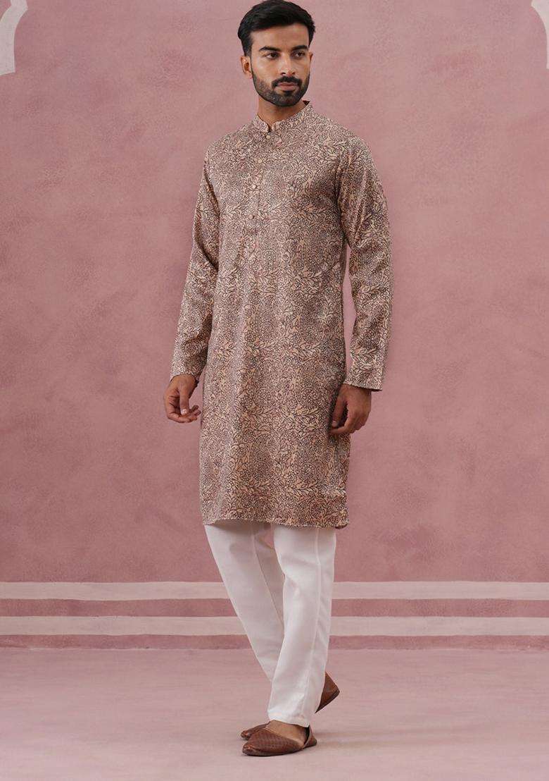 Beige Printed Silk Blend Kurta Pyjama Set For Men - Indya