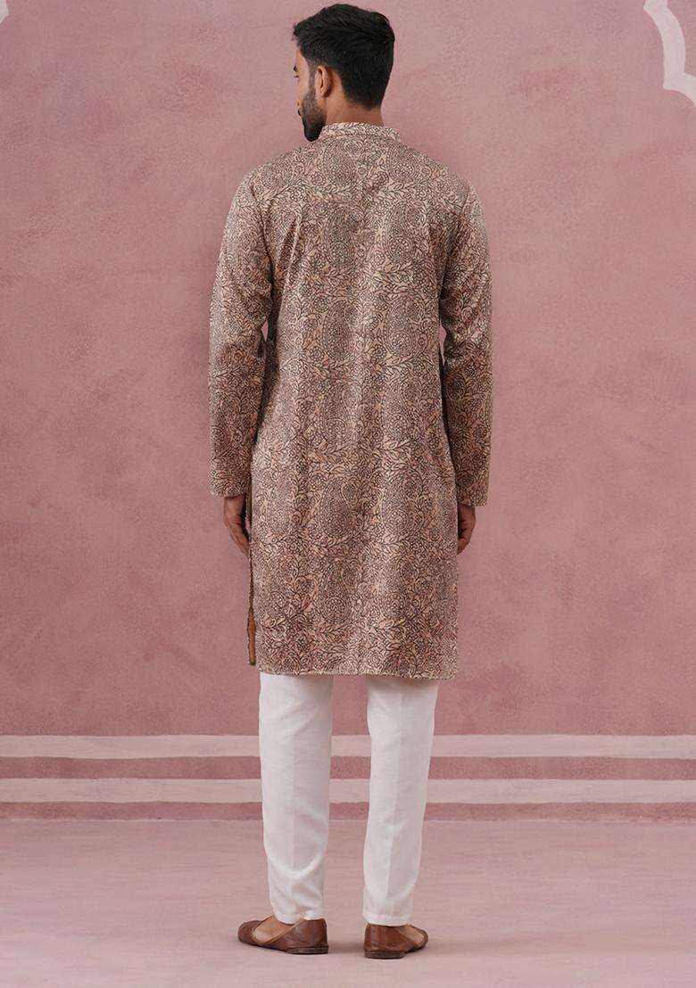 Beige Printed Silk Blend Kurta Pyjama Set For Men - Indya