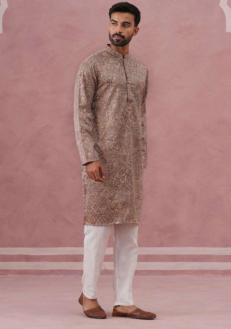 Beige Printed Silk Blend Kurta Pyjama Set For Men - Indya