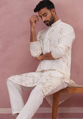 White Embroidery Silk Kurta Pyjama Set For Men