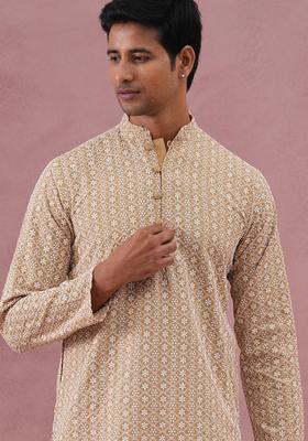Beige Embroidery Cotton Kurta For Men