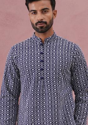 Blue Embroidery Cotton Kurta For Men