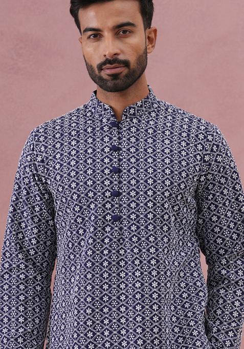 Blue Embroidery Cotton Kurta For Men