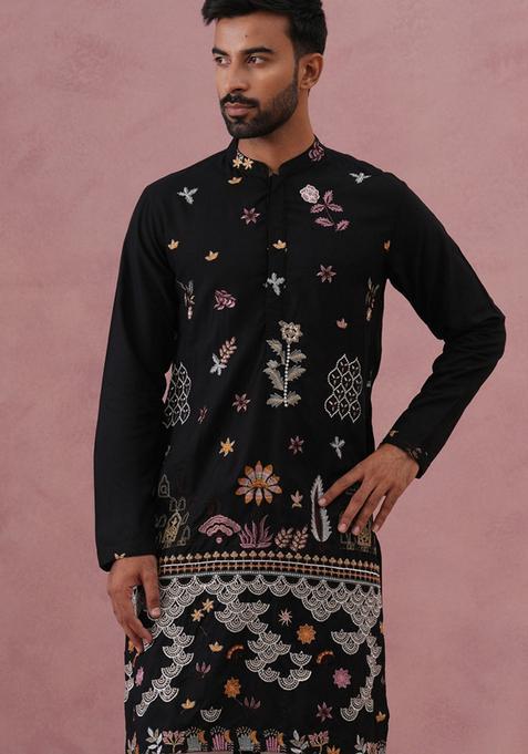 Black Embroidery Cotton Kurta For Men