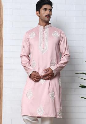 Pink Embroidery Cotton Kurta For Men