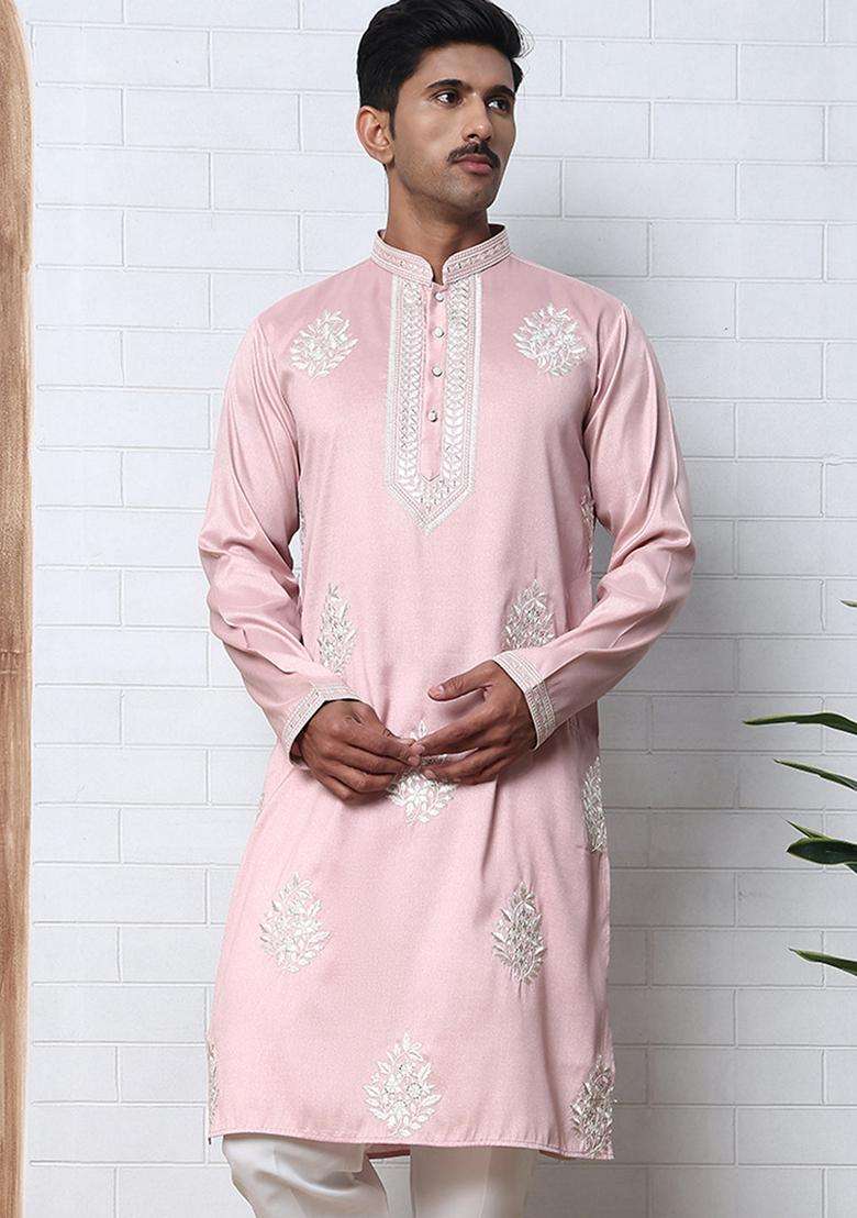 Pink Embroidery Cotton Kurta For Men - Indya