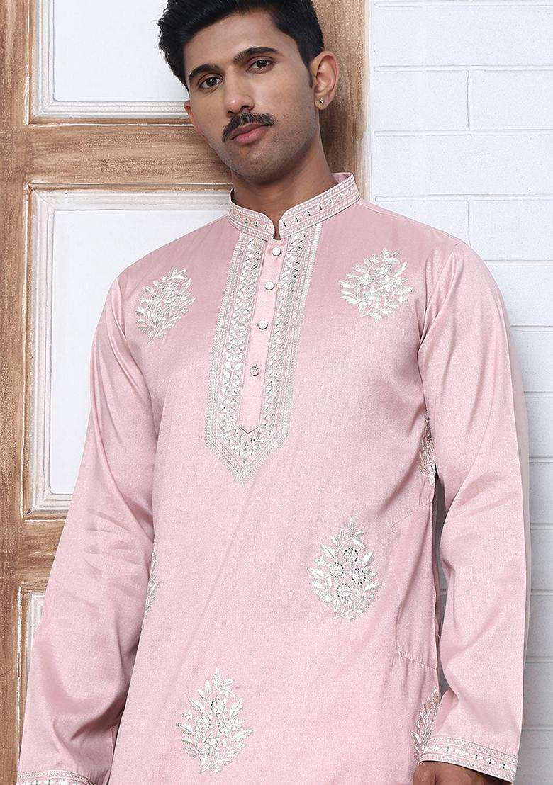 Pink Embroidery Cotton Kurta For Men - Indya