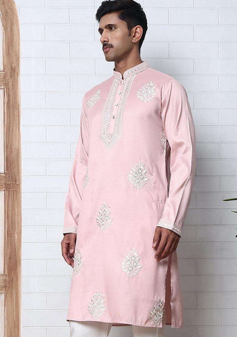 Pink Embroidery Cotton Kurta For Men - Indya
