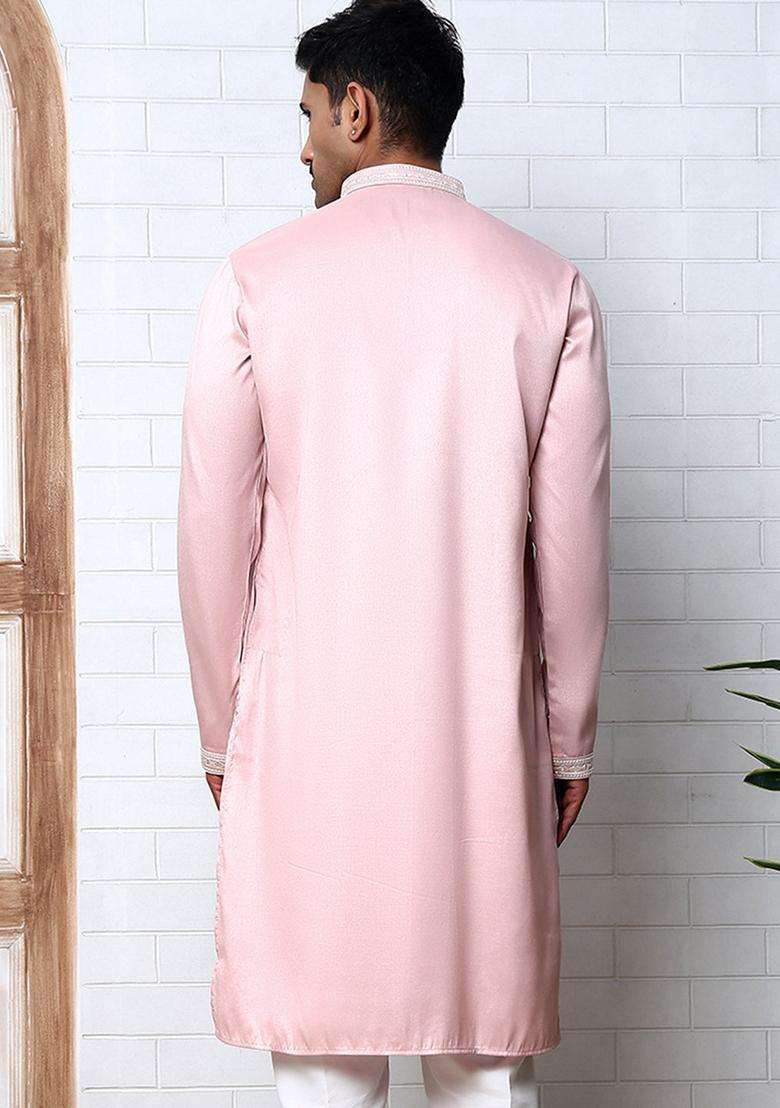 Pink Embroidery Cotton Kurta For Men - Indya